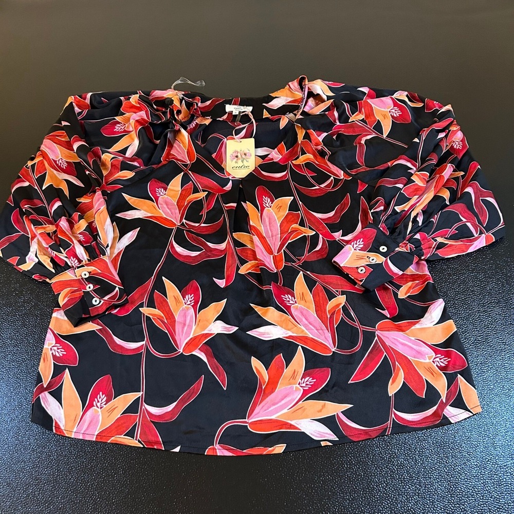 Entro Floral Balloon Sleeve Blouse Womens Small Black Orange V Neck Pleated